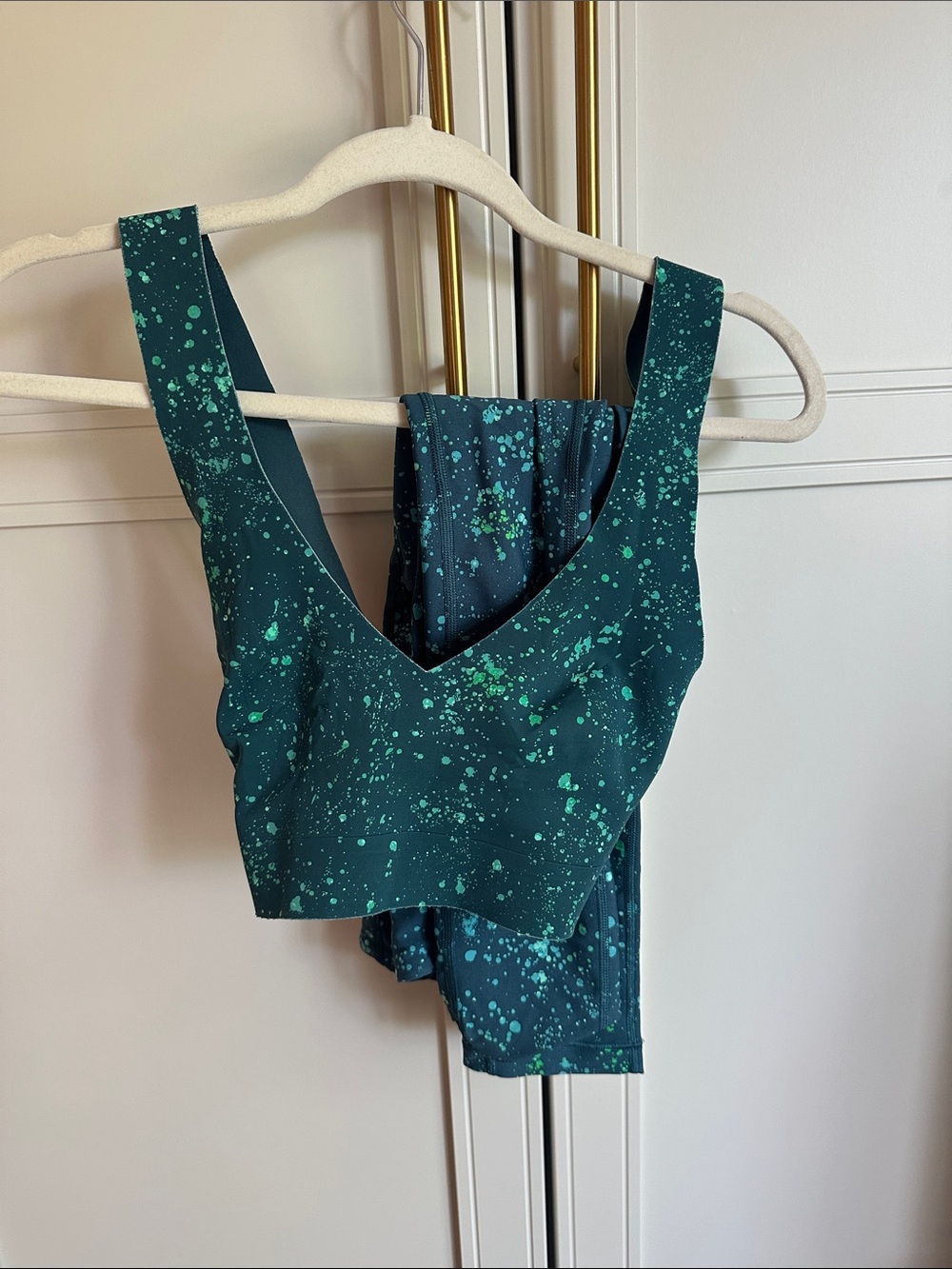 Athleta Teal and Mint Splatter-Print Crop Top & Capris Set